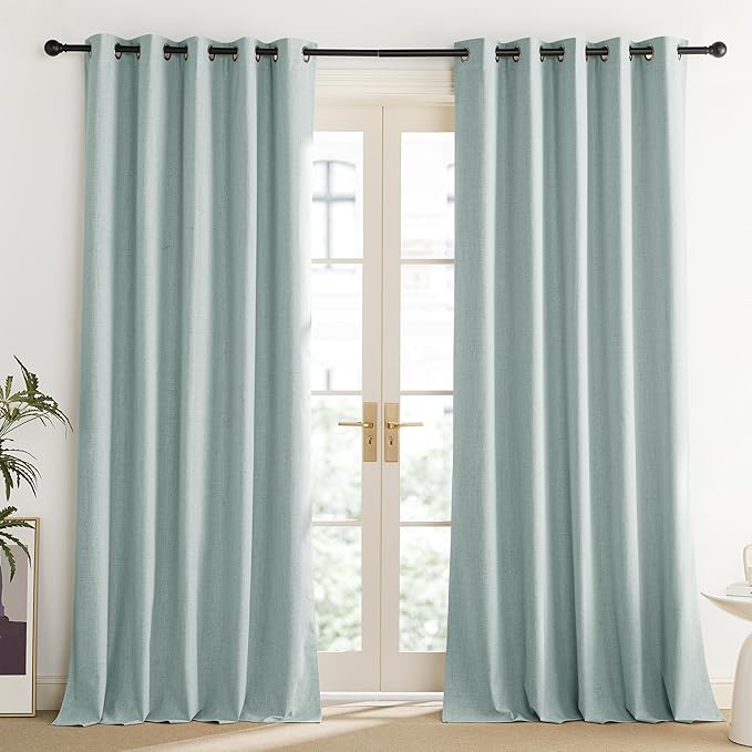 NICETOWN 100% Absolutely Blackout Linen Curtains with Thermal Insulated Liner, Seafoam Green, 62" Wide, 95" Length Energy Saving Curtains for Living Room 2 Panels Set, Vertical Blinds
