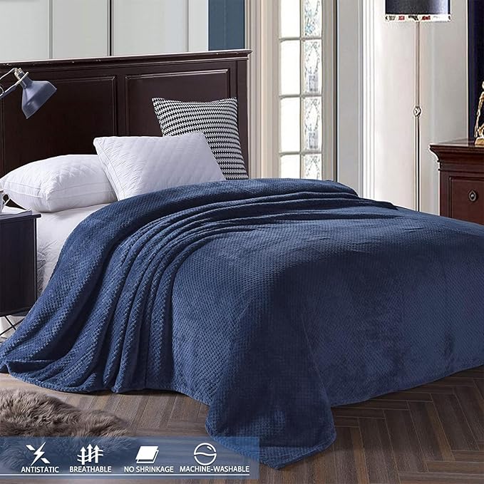 Exclusivo Mezcla Fleece Bed Blanket Twin Size, Super Soft and Warm Blankets for Couch, Sofa and Bed Waffle Textured, Cozy, Fuzzy and Lightweight (Navy Blue, 90x66 Inches)