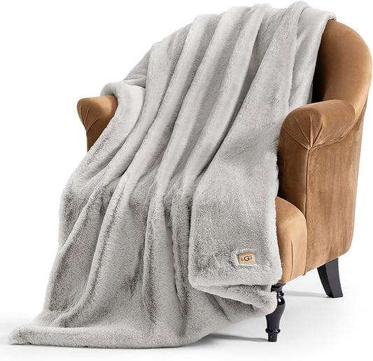 UGG Euphoria Faux Fur Throw Blanket, Oversized Warm Throw for Couch or Chair, Luxury Bedroom Decor, Cozy Soft Blankets, Machine Washable, 50-inch x 70-inch, Seal Grey