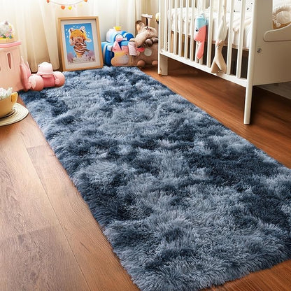 Pionblank Fluffy Runner Rugs for Bedroom 2x6, Modern Shaggy Area Rug for Hallway Living Room, Plush Soft Fuzzy Bedside Carpet for Kids Girls Boys Room Nursery Decor, Blue Grey
