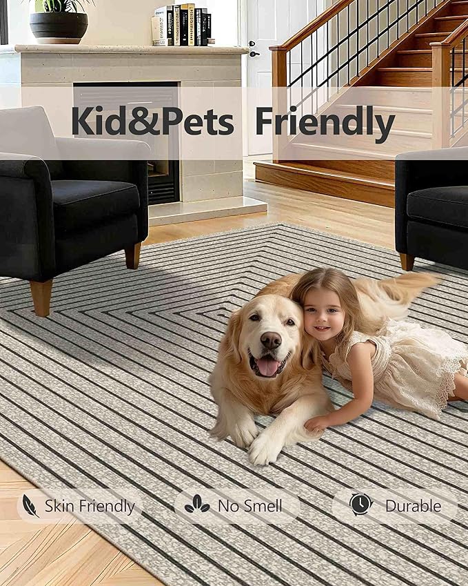 Latte&Fog 9x12 Area Rug for Living Room, Extra Large Beige Modern Abstract Washable Rugs, Boho Non Slip Low Pile Carpet for Indoor Bedroom Dining Room, Office, Dorm, Classroom and Farmhouse - Beige
