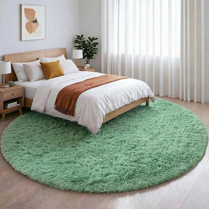 Amdrebio Sage Green Round Rug 4Ft for Bedroom Aesthetic, Fluffy Furry Circle Rugs for Nursery, Classroom, Teen Boys, Baby Kids Room Decor, Cute Shaggy Area Rug for Dorm, Fuzzy Plush Light Mint Carpet