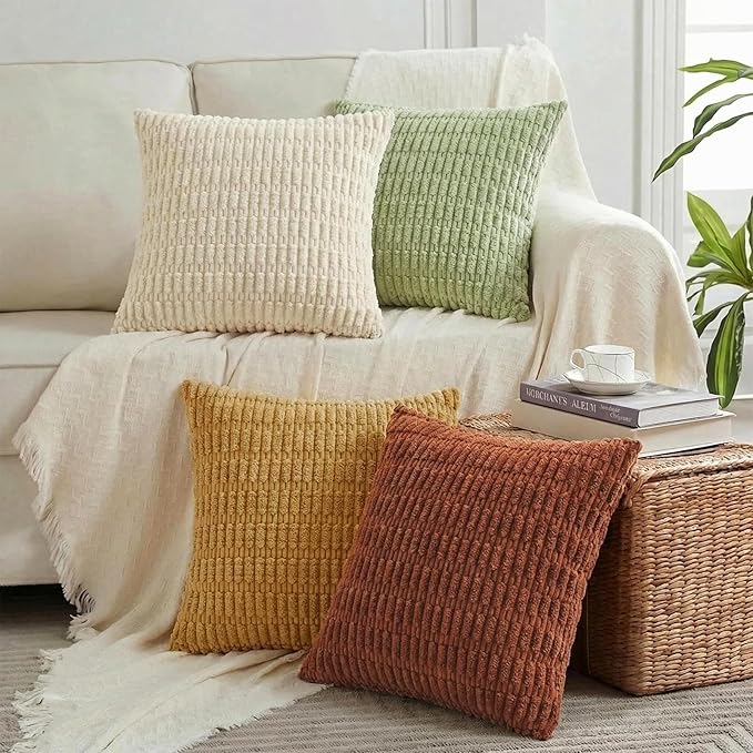 Fancy Homi 4 Packs Boho Fall Decorative Throw Pillow Covers 18x18 Inch for Living Room Couch Bed Sofa, Rustic Farmhouse Home Decor, Soft Plush Striped Corduroy Square Cushion Case 45x45 cm