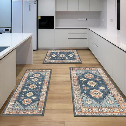 HEBE Boho Kitchen Rug Sets 3 Piece with Runner Non Slip Kitchen Rugs and Mats Washable Kitchen Mats for Floor Thick Kitchen Floor Mat Carpet Runner Rugs for Hallway Laundry Holiday Decor