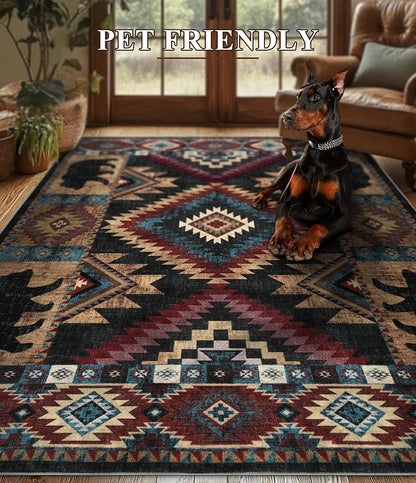 Hallway Runner Rug 2x6 Indoor Door Mat -Western Rug Bear Rustic Cabin Non-Slip Entryway Rug, Low Pile Tribal Print for Kitchen, Bedroom