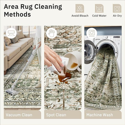 9x12 Area Rugs for Living Room, Non Slip Machine Washable Vintage Rugs, Low Pile Lightweight Large Rug for Bedroom, Dining Room, Home Office Olive