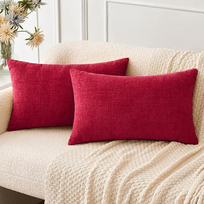 MIULEE Pack of 2 Red Couch Throw Pillow Covers 12x20 Inch Soft Chenille Lumbar Pillow Covers for Sofa Living Room Solid Dyed Cases