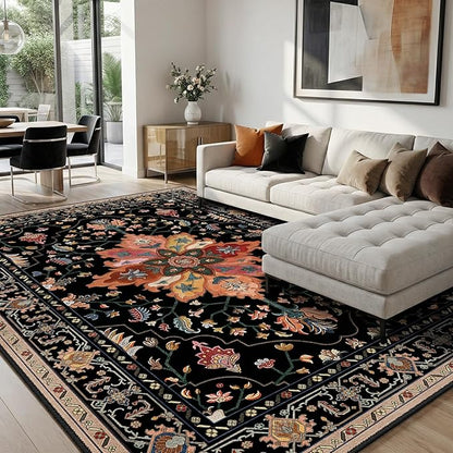 Area Rugs 8'x10' Washable Non-Slip, Floral Vintage Distress Print Pattern Medallion Carpet for Living Room Bedroom Dining Room, Black Colorful Floral Dark Tan