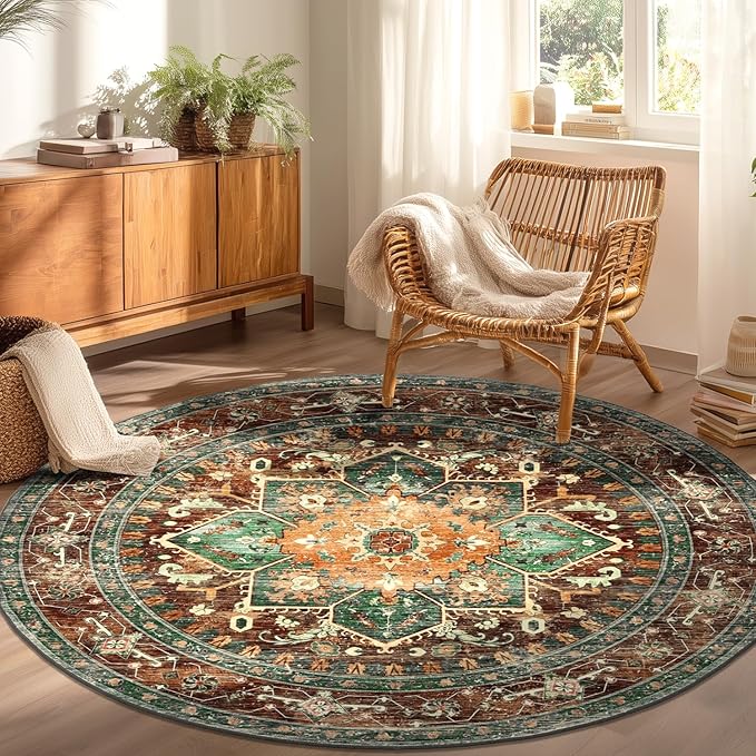Yamaziot 6FT Round Washable Area Rug, Non-Slip Boho Circle Rugs with Rubber Backing, Low Pile Faux Wool Soft Distressed Floor Carpet for Nursery Living Room Home Office