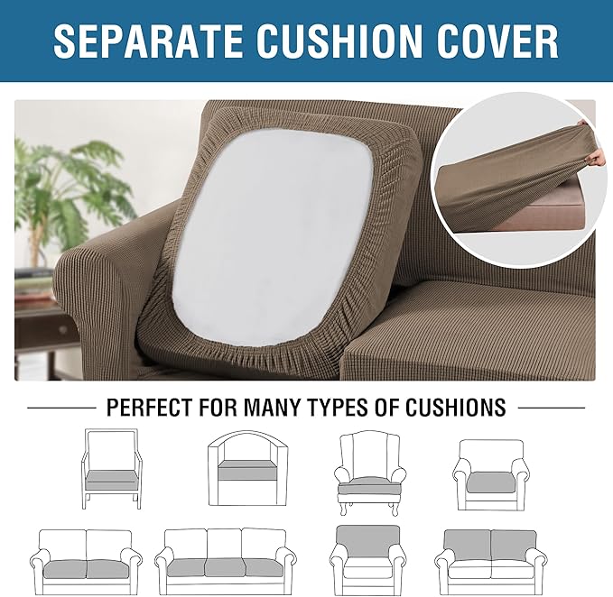 H.VERSAILTEX 3 Piece Stretch Sofa Covers for 2 Cushion Sofa Couch Covers for Living Room Sofa (Base Cover Plus 2 Seat Cushion Covers) Thicker Jacquard Fabric (Large Sofa, Macchiato)