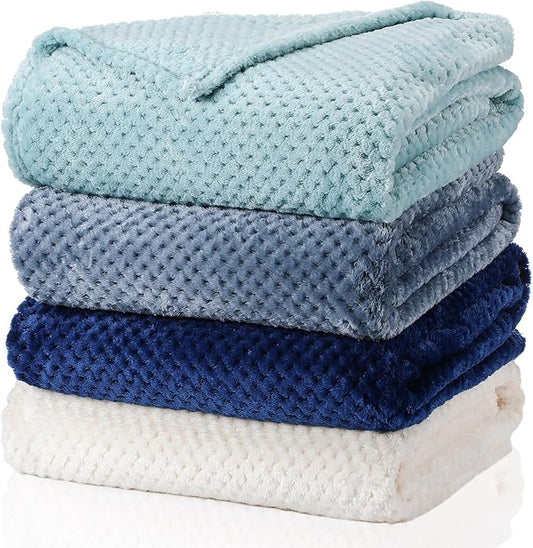 Newwiee 4 Pcs Flanne Fleece Throw Blanket for Bed Couch Large 3D Waffle Textured Soft Blanket Winter Warm Lightweight No Shedding No Pilling Decorative Throw, 50x60 Inch(Gradient Blue)