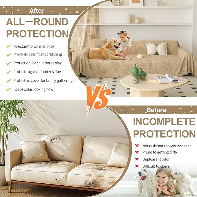 HANDONTIME Washable Couch Covers for Sofa Boho Couch Covers for 3 Cushion Sofa Pet Friendly Camel Chenille Jacquard Couch Protector for Dogs Plant Branch Sectional Cover Sofa Slipcovers, 71" X 134"