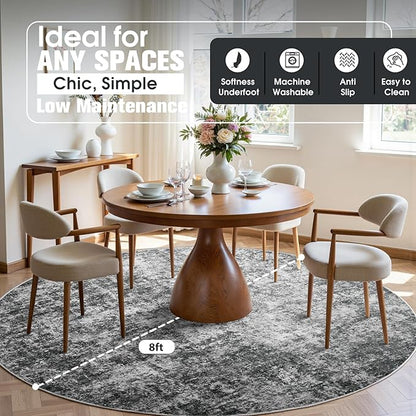 Round Rug 8ft Circle Rug Washable: Carpet Circular Area Rug for Entryway Kitchen Bedroom Dining Room Living Room Large 8 Feet Abstract College Dorm Non Slip Low Pile Black Grey