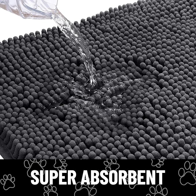 Smiry Dog Door Mat for Muddy Paws, Absorbent Dirt Trapper Non Slip Quick Dry Washable Chenille Mat for Mud Dogs, Entry Rug for Indoor and Outdoor (47x20 Inches, Dark Grey and White)