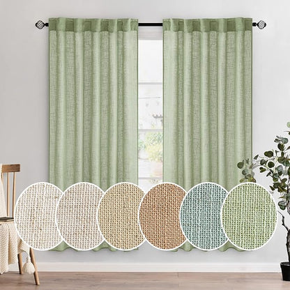 MIULEE Sage Green Linen Curtains 72 Inch Length 2 Panels for Bedroom Living Room, Soft Thick Linen Textured Window Drapes Semi Sheer Light Filtering Back Tab Rod Pocket Burlap Look Decor, W37xL72