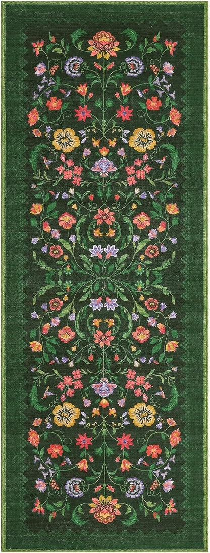Protea Floral Rug 2x6 Runners for Hallways, Boho Kitchen Runner Rugs Non Slip Bath Runners, Vintage Washable Runner Rug for Bedroom, Soft Long Rugs for Entryway Bathroom Laundry Dorm, Forest Green
