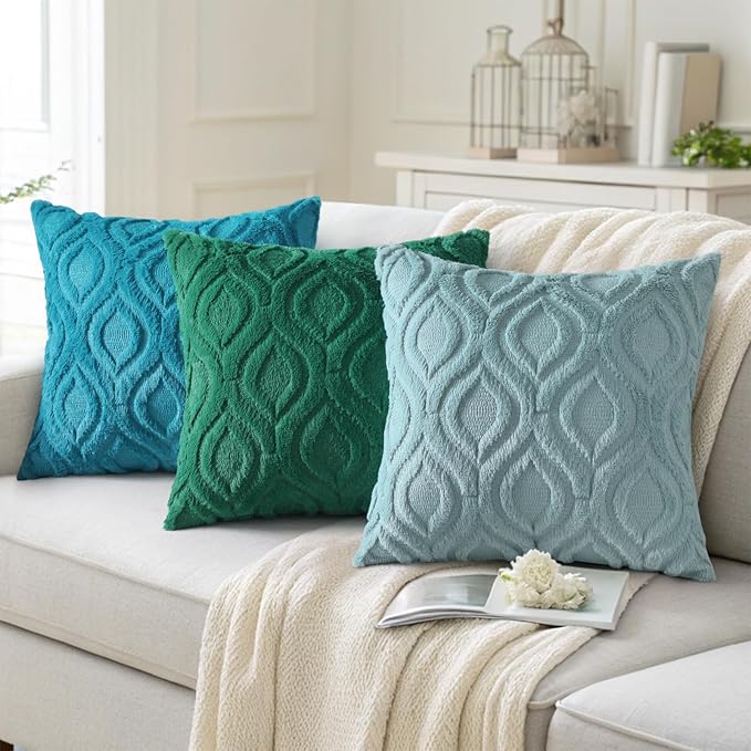 decorUhome Summer Throw Pillow Covers 22x22 Inch Set of 2, Soft Plush Faux Wool Teal Solid Couch Pillow Covers, Accent Euro Sham Farmhouse Neutral Square Pillow Cases for Sofa Bed Living Room