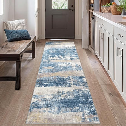 BEIMO Runner Rug for Hallway Kitchen 2x8 Machine Washable Runners Rug for Entryway, Blue Cream Soft Modern Abstract Throw Rugs, Floor Carpet with Non Slip Rubber Backing