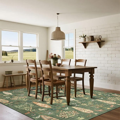 Washable Rugs 8x10 Area Rugs for Living Room,Bedroom,Dining Room- Large Ultra Soft Faux Wool Retro Carpet,Non Slip&Non-Shedding Low Pile Vintage Print Rug for Home Office Dorm-Grass Green