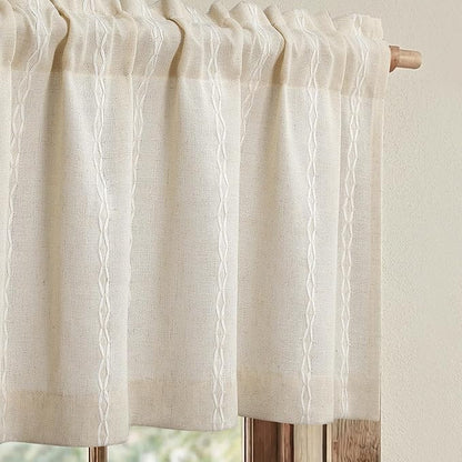 Boho Kitchen Valance for Windows, Beige Linen Blend Textured Fabric with Cotton Embroidery Vintage Western Rustic Style Light Filtering Rod Pocket Window Treatment, 52 x 18 Inch, 1 Panel