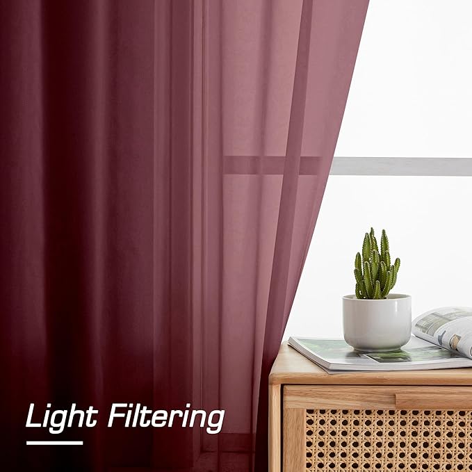 Simplebrand Burgundy Red Sheer Curtains 84 Inches Long, Light Filtering Rod Pocket Solid Color Window Sheer Curtain Panels, Elegant Curtains & Drapes for Living Room, Bedroom 2 Panels, 59" W x 84" L