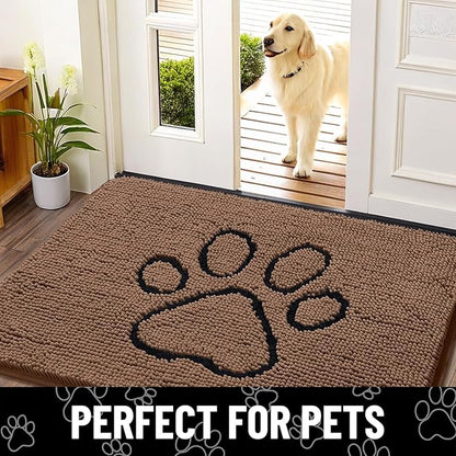 Smiry Dog Door Mat for Muddy Paws, Absorbent Dirt Trapper Non Slip Quick Dry Washable Chenille Mat for Mud Dogs, Entry Rug for Indoor and Outdoor (30x20 Inches, Coffee and Black)