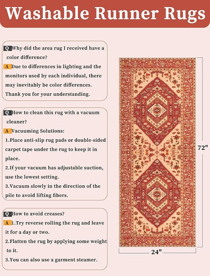 SERISSA Boho Washable Runner Rug, 2x6 Rug Runner Non-Slip Vintage Red Hallway Kitchen Runner Rug Ultra Soft Print Distressed Floor Carpet Runner for Bedroom Bathroom Laundry Living Room