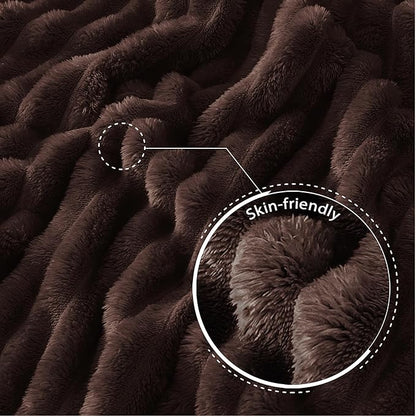Exclusivo Mezcla Twin Size Flannel Fleece Blanket, Super Soft Striped Jacquard Bed Blanket, Lightweight Fuzzy Cozy for All Seasons, 60x80 Inches, Coffee