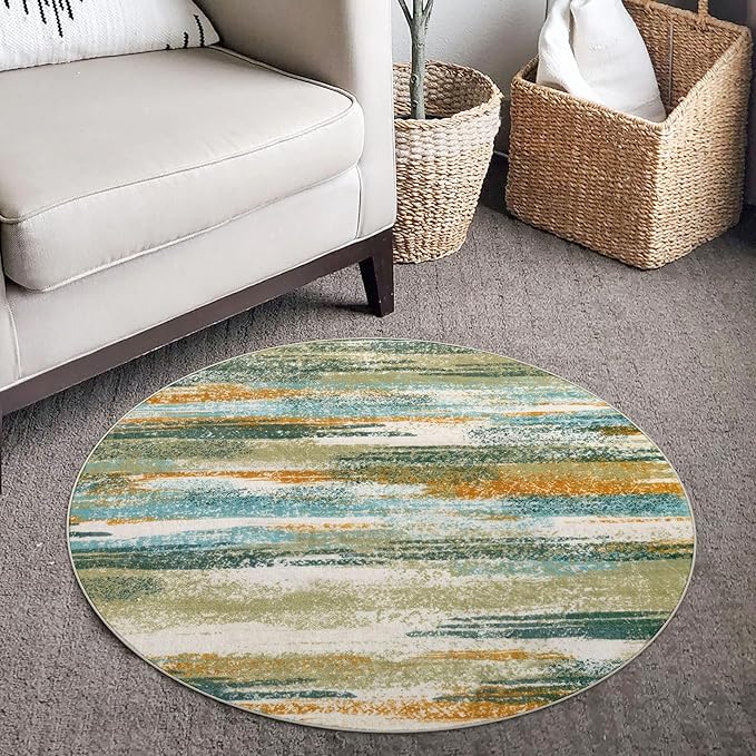Lansny Modern Abstract Round Rug 3Ft, Green Mustard Multi Round Rug Washable Non-Slip Soft Small Circle Rug, Circular Entryway Rug Thin Print Faux Wool Carpet for Bedroom Living Room Office