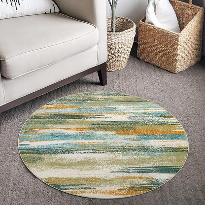 Lansny Modern Abstract Round Rug 3Ft, Green Mustard Multi Round Rug Washable Non-Slip Soft Small Circle Rug, Circular Entryway Rug Thin Print Faux Wool Carpet for Bedroom Living Room Office