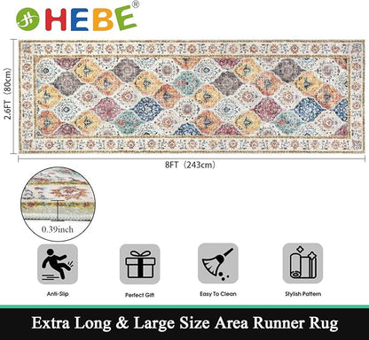 HEBE Hallway Runner Rug 2'8''x8' Washable Vintage Distressed Area Rugs Non Slip Laundry Rug Runner Boho Floor Carpet Runners for Hallways Entryway Laundry Room Kitchen Bathroom