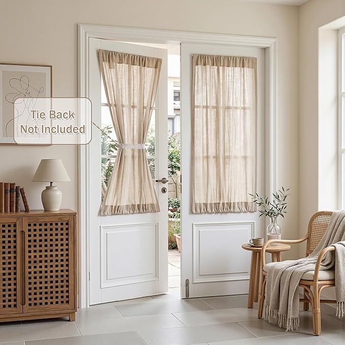 MYSKY HOME Oatmeal French Door Curtains for Door Window 40 Inch Length 2 Panels Short Semi Sheer Light Filtering Curtain for Glass Small Window Drapes Rod Pocket for Bedroom Bathroom, Taupe, 26" Wide