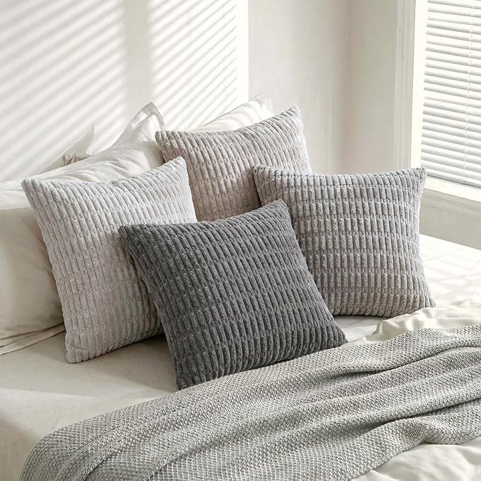 Fancy Homi Set of 4 Grey and White Boho Decorative Throw Pillow Covers 24x24 Inch for Couch Bed Sofa, Aesthetic Modern Bohemian Room Decor, Soft Fuzzy Fluffy Cozy Corduroy Cushion Case 60x60cm