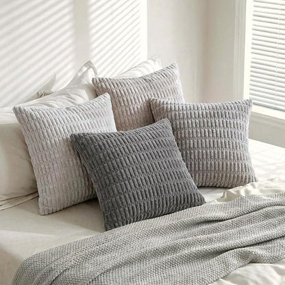 Fancy Homi Set of 4 Grey and White Boho Decorative Throw Pillow Covers 22x22 Inch for Couch Bed Sofa, Aesthetic Modern Bohemian Room Decor, Soft Fuzzy Cozy Corduroy Textured Cushion Case 55x55cm