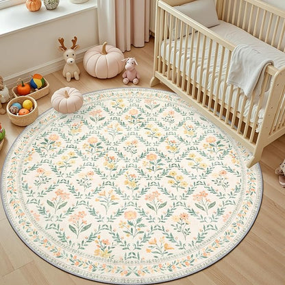 Round Area Rug for Living Room: 4 ft Floral Washable Circle Rug Soft Non-Slip Carpet Indoor Stain Resistant Low Pile Small Circular Rug for Bedroom Entryway Kitchen Nursery Home Office Beige/Multi