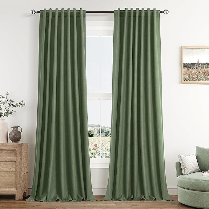 Guken Olive Green 100% Blackout Curtains 120 Inch Length 2 Panels Set for Living Room Bedroom Back Tab Thermal Insulated Black Out Linen Drapes Room Darkening Window Curtains