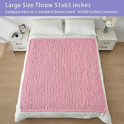 Bigacogo Chunky Knit Throw Blanket for Couch, 51x63 inches, 100% Hand Knitted with Thick Jumbo Chenille Yarn, Cozy Soft Large Rope Knot Cable Crochet Blankets for Sofa Bed Living Room, Blush Pink