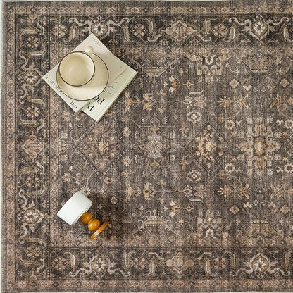 5x5 Washable Round Rug for Living Room Bedroom Vintage Brown Soft Low Pile Carpet Traditional Retro Non Slip Cirlce Rug for Dining Room Entryway Indoor Dorm Kitchen