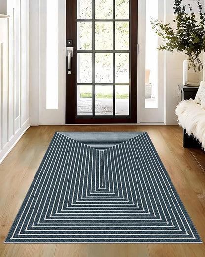 Latte&Fog 3x5 Entryway Rug Indoor, Modern Abstract Washable Area Rug, Boho Non Slip Low Pile Throw Carpet for Indoor Bedroom Bedside, Kitchen, Entry and Living Room - Blue