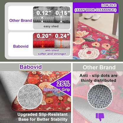 Floral Rug for Entryway, 2x3 Washable Kitchen Mat Ultra-Thin Soft, Non-Slip Indoor Door Carpet Stain Resistant Boho Small Low-Pile Throw for Bathroom Bedroom (2 x 3, Red Garden)