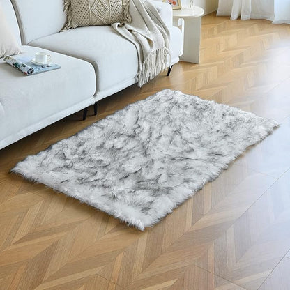 duduta White Black Faux Sheepskin Fur Rug 3x5 ft, Fluffy Shag Bedroom Dorm Nursery Playroom Carpet Rug Non Slip Washable