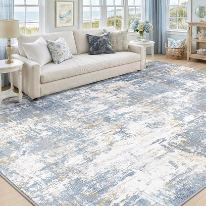 Washable Area Rugs 9'x12' Non-Slip Modern Abstract Soft for Living Room Entryway Bedroom Nursery, Print Pattern, Light Blue