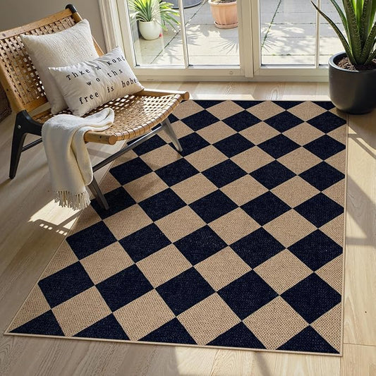 Lahome Colette Checkered Easy Jute Entry Rug, 3x5 Black Outdoor Patio Rug for Living Room Farmhouse Neutral Carpet, Washable Non Slip Indoor Door Mat Diamond Carpet for Front Door Deck Camping