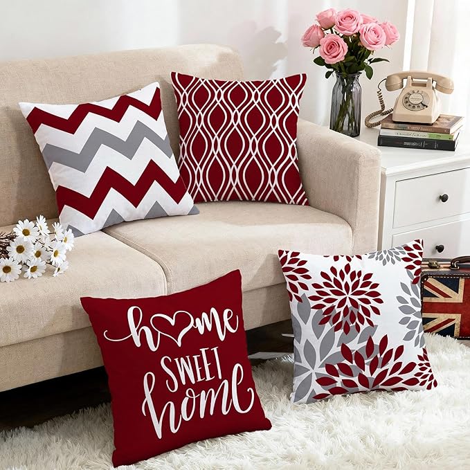 Hexagram Geometric Burgundy Pillow Covers 16x16 Set of 4, Decorative Outdoor Boho Modern Throw Pillow Covers, Home Sweet Home Farmhouse Cushion Case for Couch Sofa Bedroom Indoor Decor(No Insert)