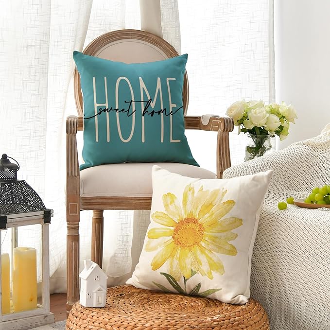 AVOIN colorlife Home Sweet Home Spring Summer Flowers Yellow Throw Pillow Covers, 16 x 16 Inch Blue Cushion Case for Sofa Couch Set of 4