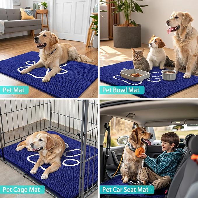 Smiry Dog Door Mat for Muddy Paws, Absorbent Dirt Trapper Non Slip Quick Dry Washable Chenille Mat for Mud Dogs, Entry Rug for Indoor and Outdoor (40x32 Inches, Navy Blue and White)