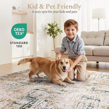 Rugflix 8x10 Washable Area Rugs, Neutral Boho Carpet Living Room Rug Non Slip Stain Resistant, Large Area Rug for Indoor Bedroom Dining Room Office, Brown
