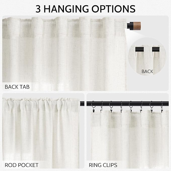 Neutral Linen Curtains 45 Inch Length for Living Room Bedroom Semi Sheer Light Filtering Sheer Curtain Modern Farmhouse Decor Privacy Drapes for Dinner Room Back Tab and Rod Pocket 52x45, 2 Panels