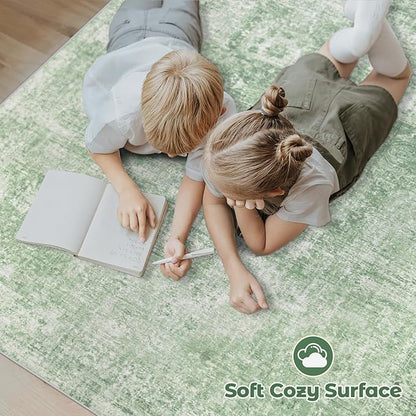 Area Rug 8x10 Washable Rug, Vintage Boho Medallion Rugs Non-Slip Soft Low Pile Large Distressed Rug Indoor Retro Carpet for Living Room Bedroom Dining Room Home Office (SageGreen, 8'x10')