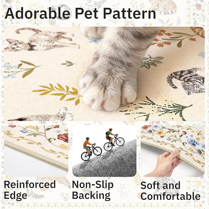 2x3 Cat Rugs for Entryway, Machine Washable Door Mat Animal Floral Small Area Rug Non-Slip Low Pile Soft Throw Rugs for Entrance Kitchen Indoor Front Door Kids Room (2 x 3,Beige)